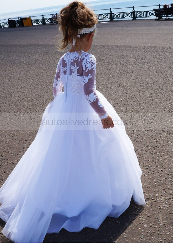 Beaded White Lace Tulle Flower Girl Dress